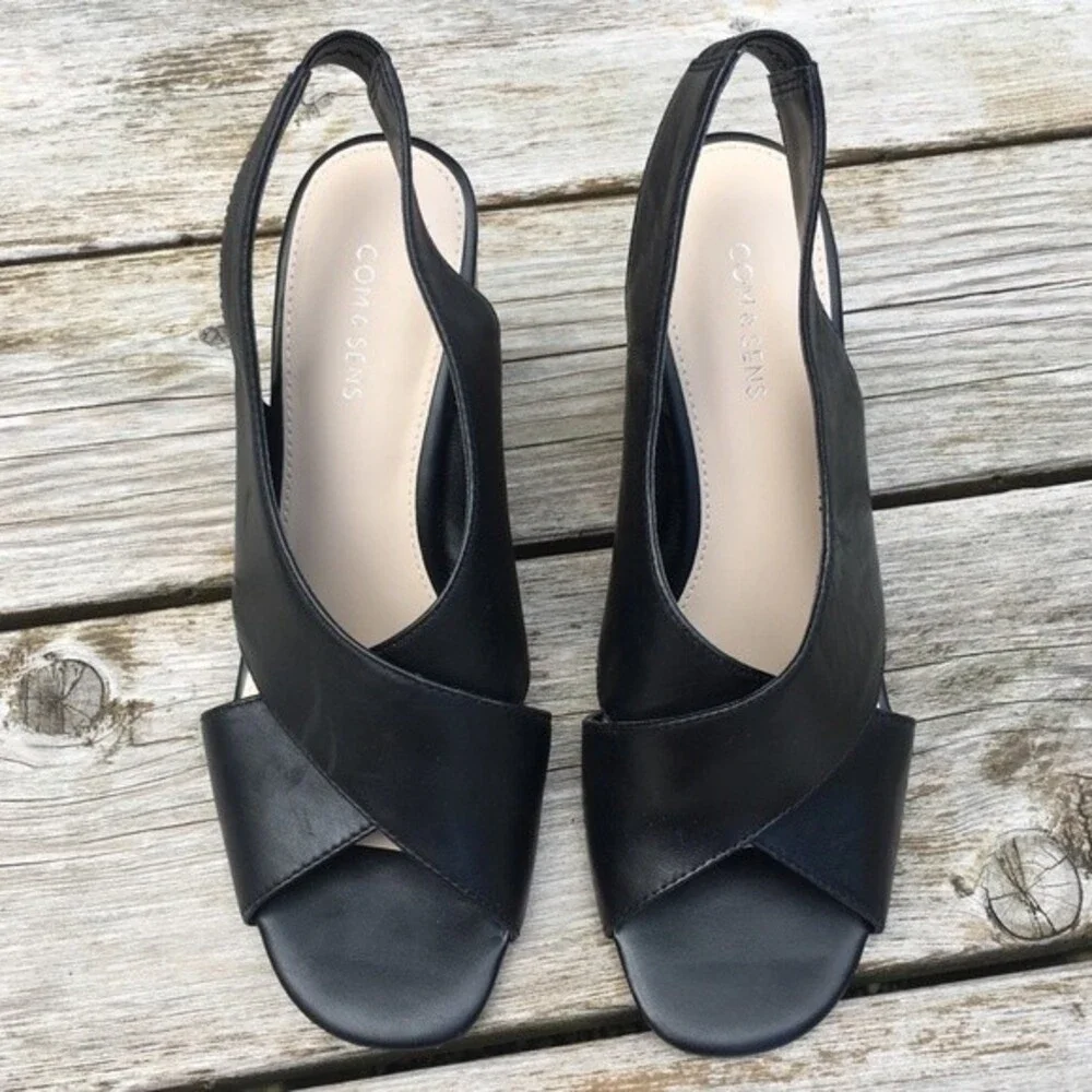 COM & SENS Leather Missy Wedge Sandal in Black 7.5